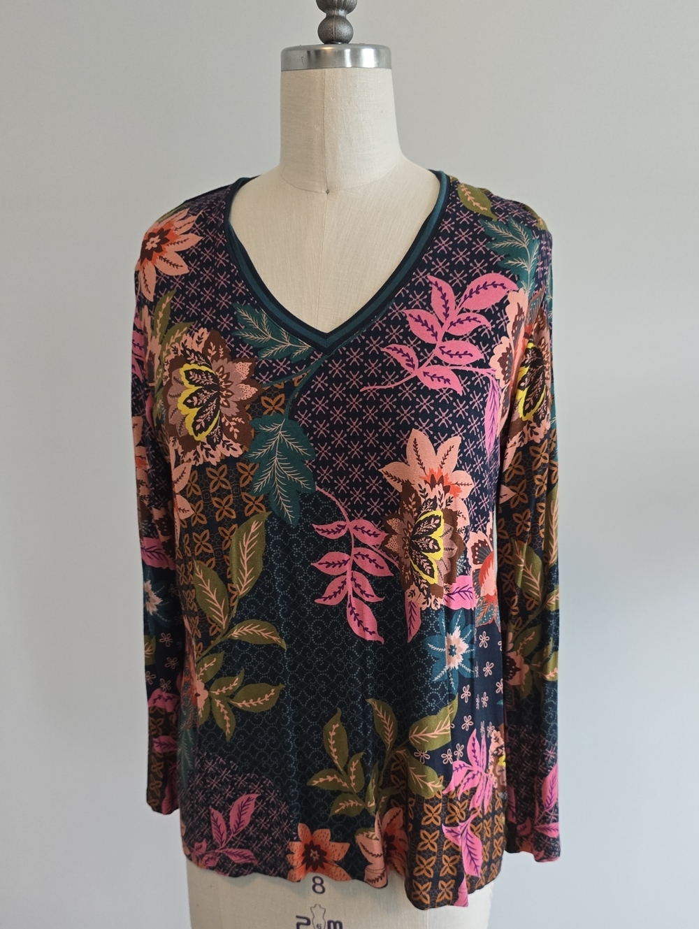 Johnny Was Navy Floral V-Neck Long Sleeve Top with Pink & Green Accents